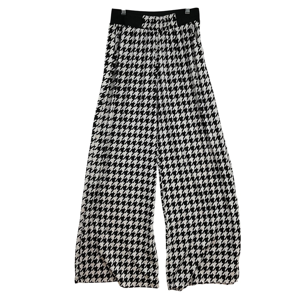 Kimberly C Houndstooth Wide Leg Palazzo Pants Black White Elastic Waist